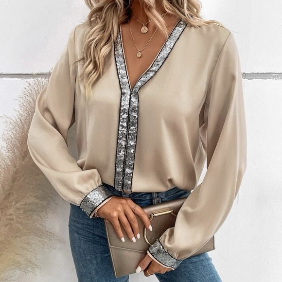 Sequin Trim V Neck Blouse - Picture 4 of 4